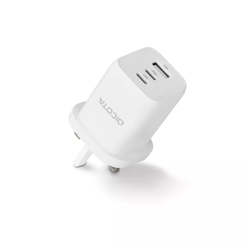 Dicota maitinimo šaltinis - kompaktiškas, GaN - 65 W - 5 A - PD 3.0 - 3 išvesties prievadai (2 x USB-C, USB)