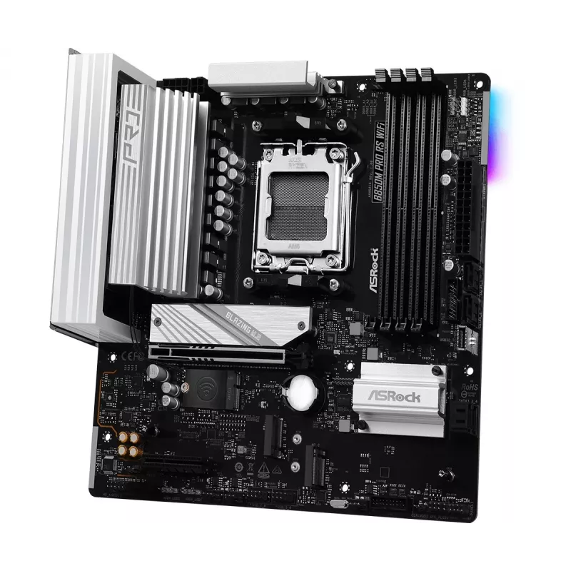 ASRock B850M Pro RS WiFi pagrindinė plokštė — AMD B850, Socket AM5, microATX, DDR5, 4 DIMM, 256GB, Wi‑Fi 6E, 2.5Gb LAN, 3x M.2