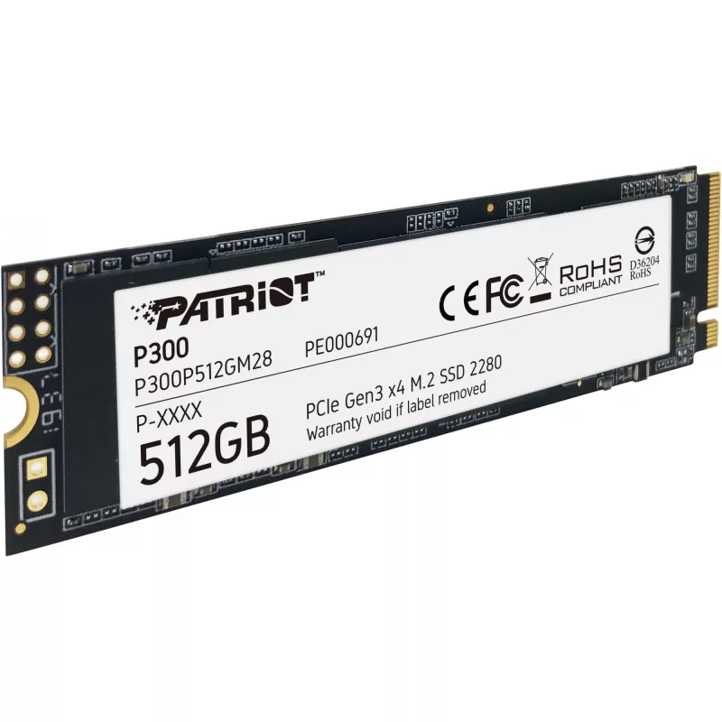 Vidinis SSD PATRIOT P300 512 GB M.2 PCIe NVMe — skaitymas 1700 MB/s, rašymas 1200 MB/s, 3D NAND, 3,8 mm, TBW 240