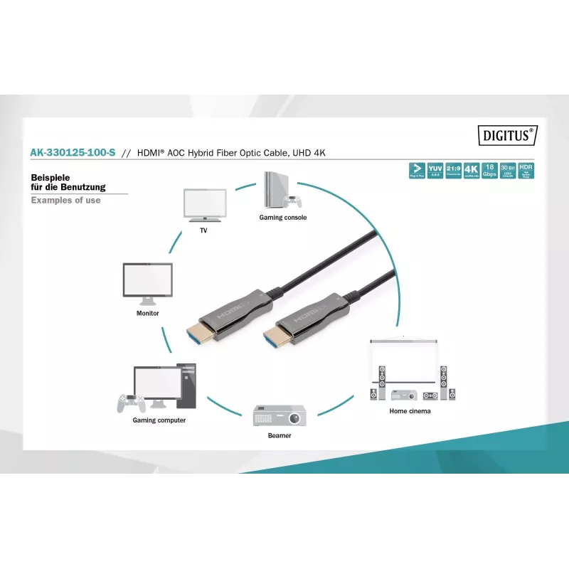 HDMI AOC hibridinis šviesolaidinis kabelis Digitus AK-330125-100-S