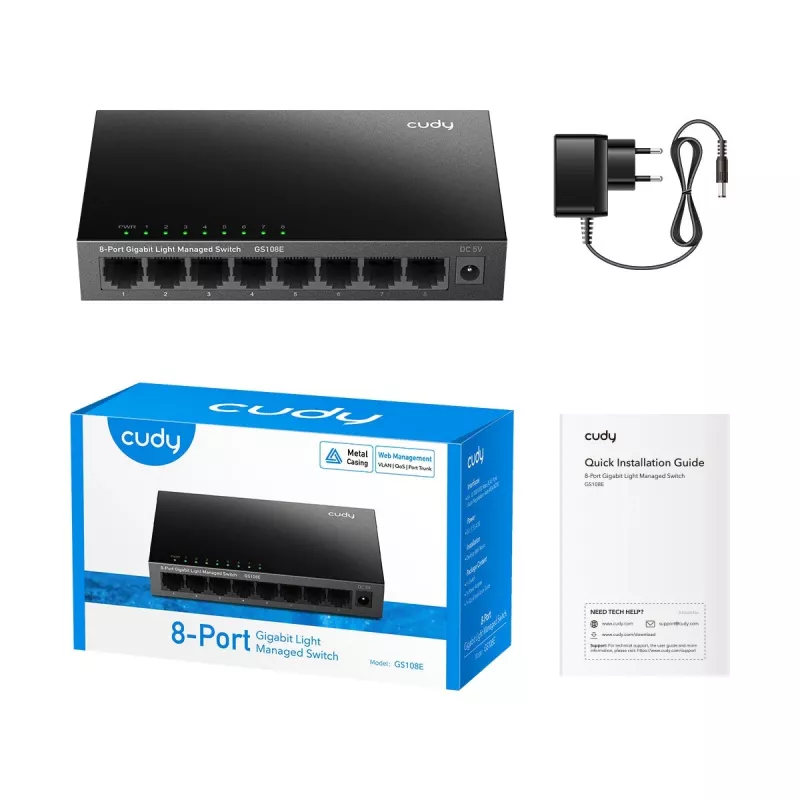 Valdomas komutatorius Cudy GS108E 8 prievadų Gigabit Ethernet, 8x 10/100/1000 Mbps, metalinis korpusas, 16 Gbps komutavimas, IGMP ir DHCP sekimas