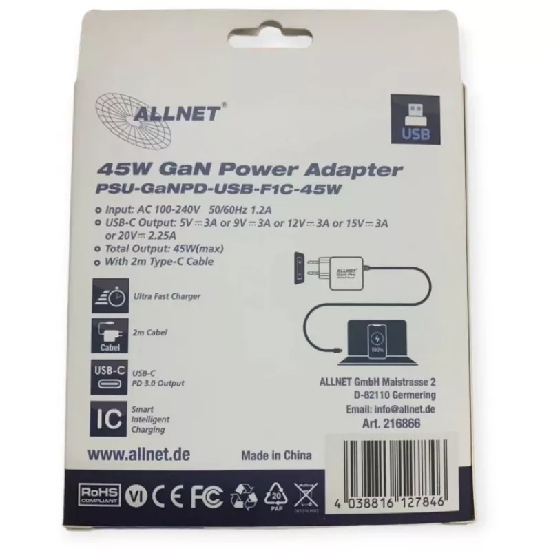 Maitinimo blokas ALLNET PSU-GaNPD-USB-F1C-45W 45W USB-C PD įkroviklis su 2 m kabeliu ir EU kištuku