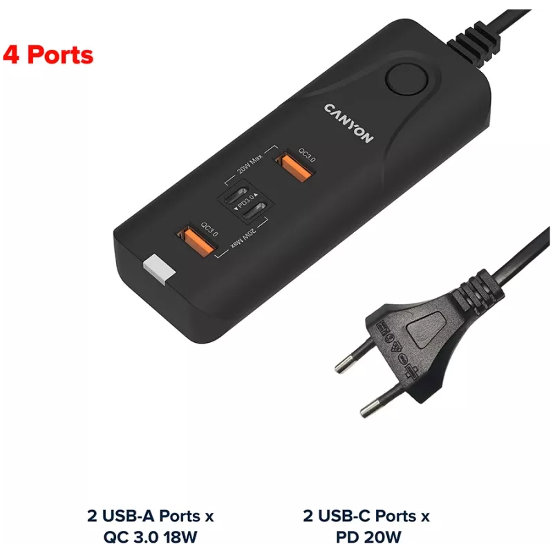 CANYON įkroviklis H-10 PD 20W QC 3.0 18W 2USB-A 2USB-C stalinis juodas