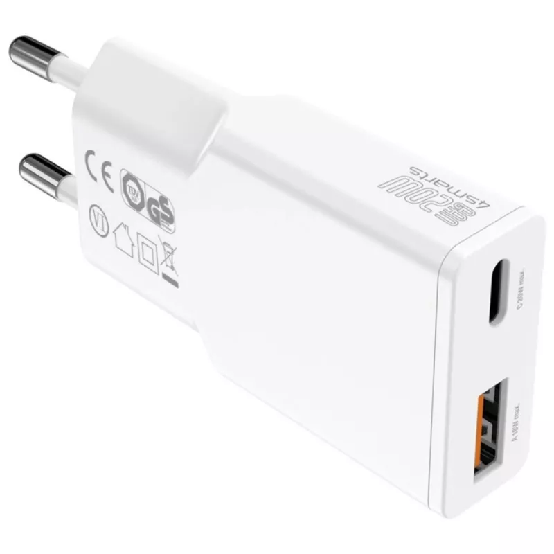 AC įkroviklis mobiliesiems įrenginiams 4smarts 541509 — 100–240V, USB-A + USB-C, 1,5 m laidas, greitas įkrovimas, baltas
