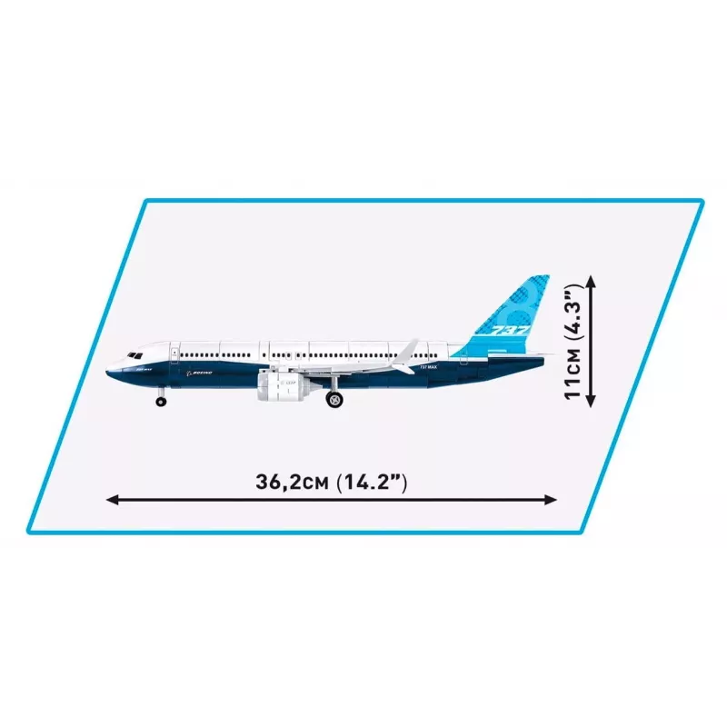 Statybinis rinkinys Cobi Boeing 737-8 — 340 detalių, rekomenduojamas amžius 7+, mėlyna ir balta