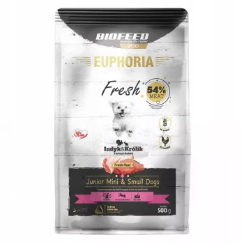 Sausas šunų ėdalas BIOFEED Euphoria Fresh Meat Junior — Kalakutiena ir triušiena, 0,5 kg, 30% baltymų, 16,5% riebalų