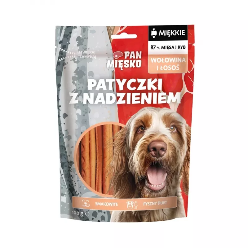 Šunų skanėstai Pan Miesko jautienos ir lašišos įdaru suaugusiems 100 g — hipoalerginis papildomas užkandis, baltymai 28 %, riebalai 20 %