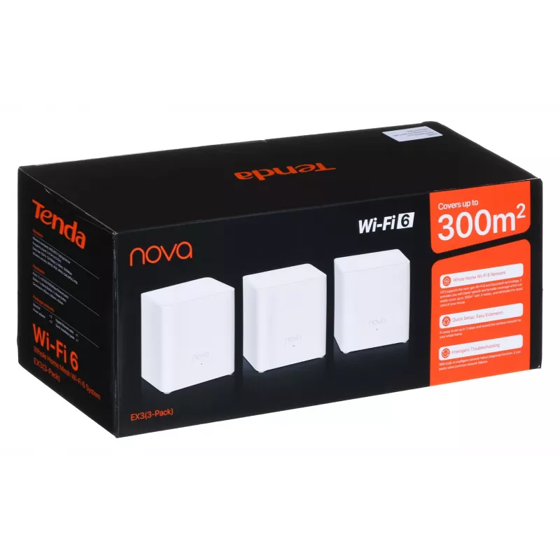 „Tenda EX3-3“ belaidžio tinklo sistema, 3 vnt. rinkinys, dviejų dažnių 2,4/5 GHz, „Wi‑Fi 6“, iki 1201+300 Mb/s, 2 vidinės antenos, WPA3