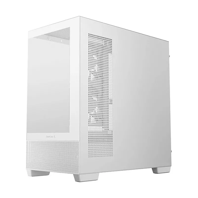 PC Midi Tower korpusas DeepCool CG380 3F WH — Baltas, 235×437×451 mm, palaiko 2,5 colio/3,5 colio, maitinimo blokas apačioje, 3x 120 mm ventiliatoriai sumontuoti