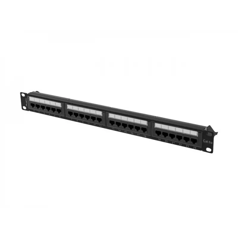 Patch panel 1U LANBERG PPUA-1024-B, 24 ports, Cat6a, U/UTP, 1U rack, depth 102 mm, metal, Juoda