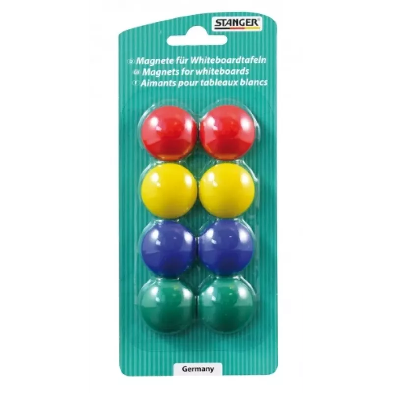 Lentos magnetukai Stanger modelis 73002 rinkinys iš 8 spalvų, pakuotėje 8 apvalūs magnetukai