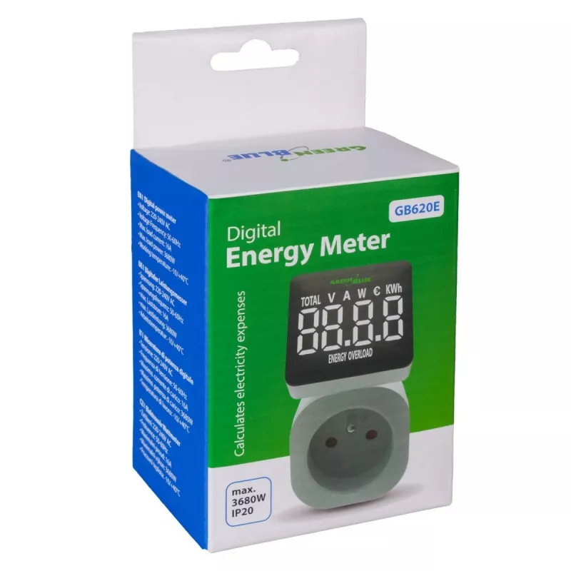 Energijos vatmetras GreenBlue GB620E, skirtas 220 V tinklui, maks. 16 A, įjungiamas galios/energijos monitorius
