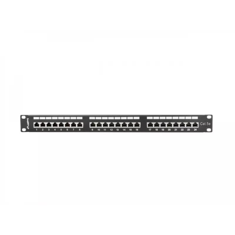 Pataisų skydelis 1U LANBERG PPS5-1024-B — 24 prievadų RJ-45 Cat5, metalinis, juodas, montavimas į stovą