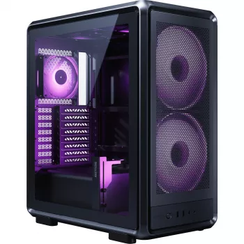 PC korpusas Cooler Master MasterFrame 500 Mesh Midi Tower — juoda su permatomu šonu, palaiko ATX/EATX, 2x200 mm priekyje, 1x120 mm gale