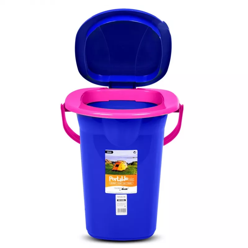 GreenBlue GB320BR 19L Nešiojamas stovyklavimo tualeto kibiras kelionėms festivaliams su rankena nuimama sėdyne - tamsiai mėlyna ir rožinė