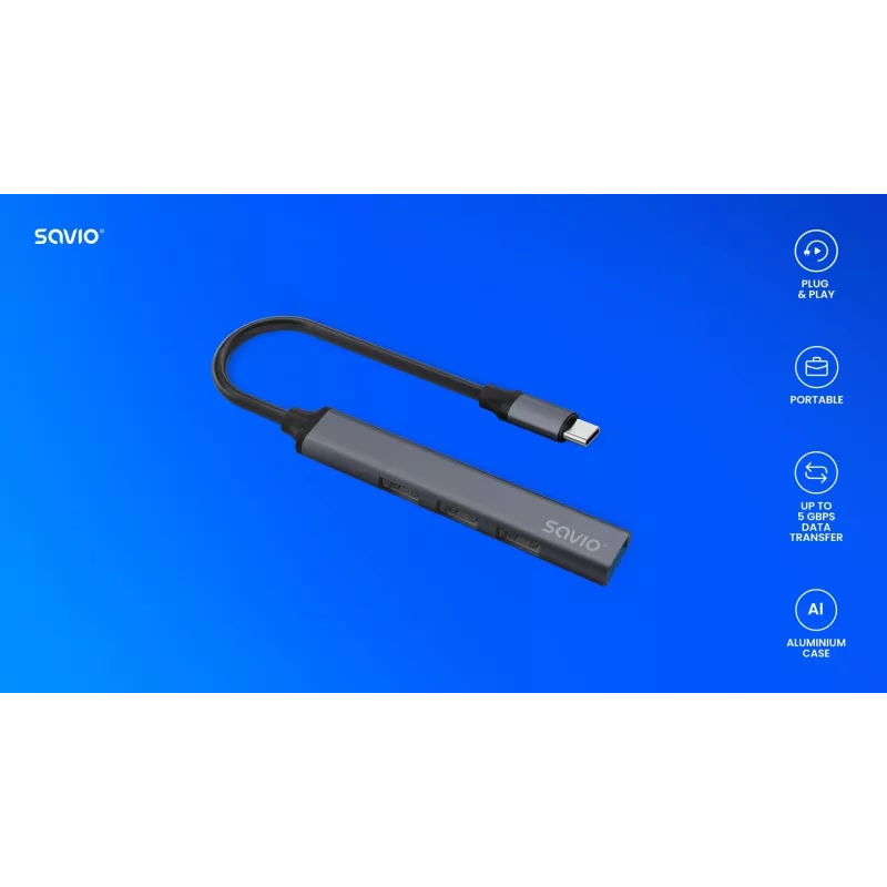 USB 3.0 4 prievadų sąsajos šakotuvas SAVIO AK-71 su USB-C, 5000 Mbit/s, 2 metų garantija