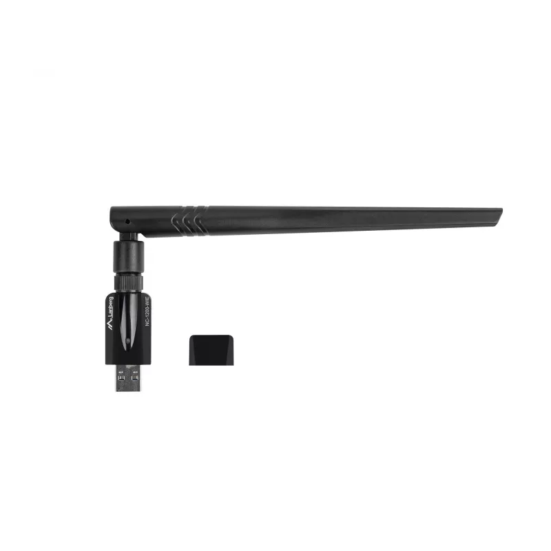 Vidinė WLAN kortelė LANBERG NC-1200-WIE — Dviejų juostų USB WLAN adapteris, RTL8812BU, iki 1200 Mbit/s, išorinės 2x2 antenos (5 dBi), juoda