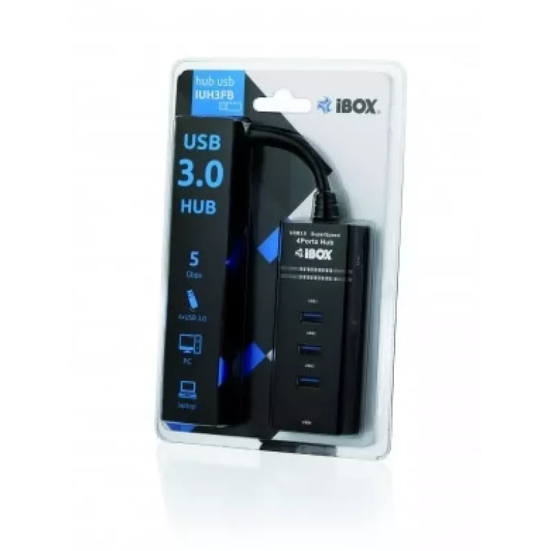 USB 3.2 Gen 1 Type-A 4 prievadų šakotuvas IBOX IUH3FB, 5000 Mbit/s, juodas, 0,5 m kabelis