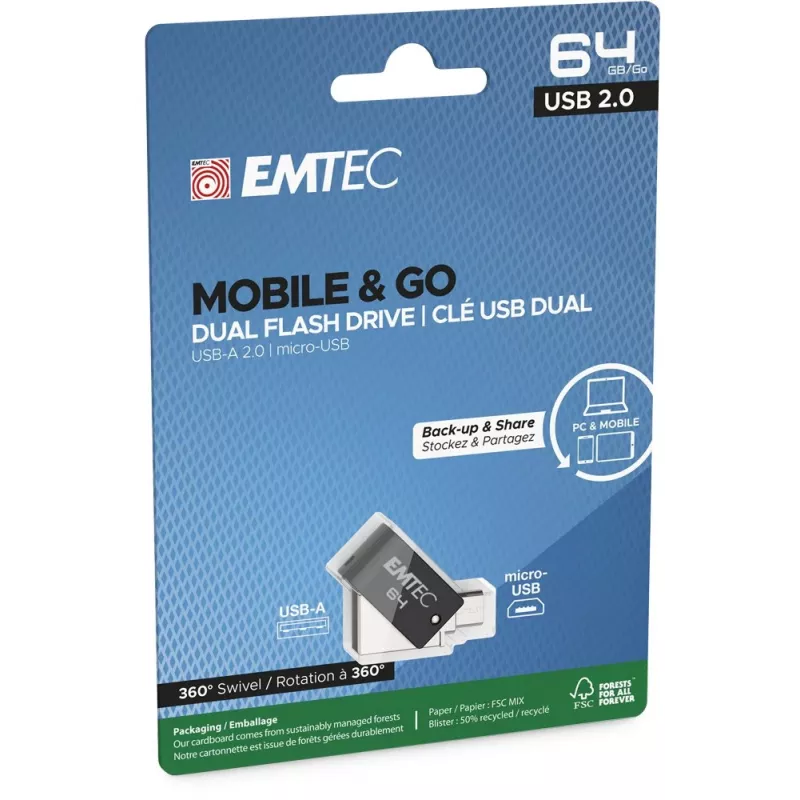 USB atmintinė Emtec 64 GB USB Type-A Micro-USB T260B