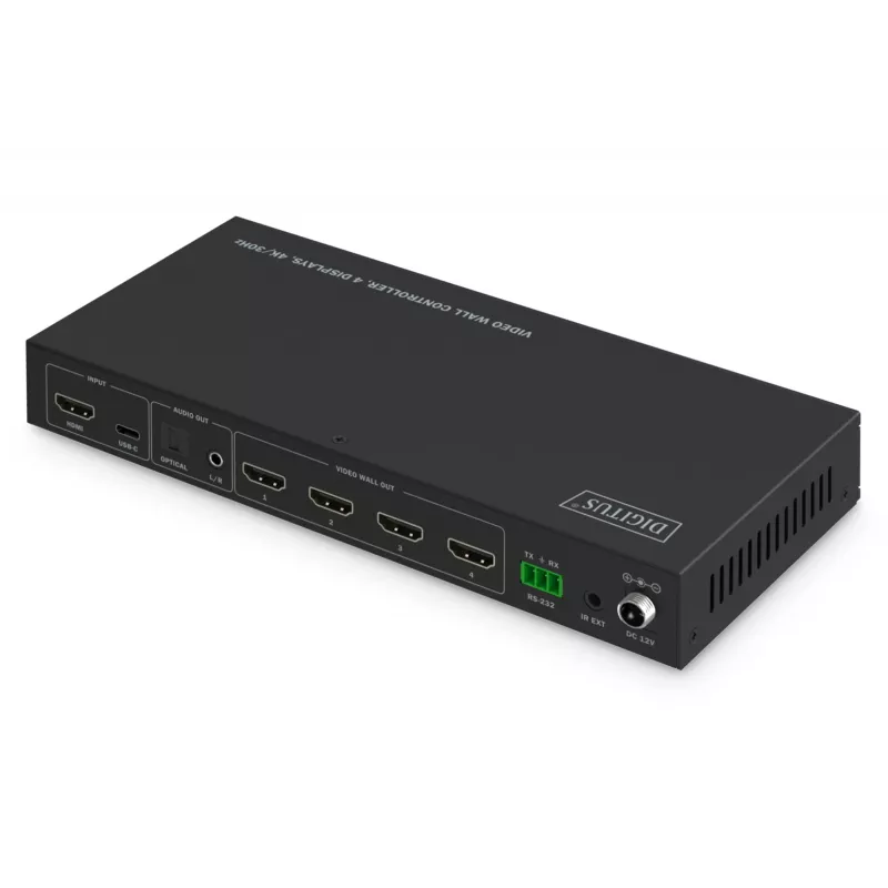 Vaizdo sienos valdiklis DIGITUS DS-55358 – 4 ekranai, iki 4K (3840×2160) @30Hz, DisplayPort 1.2a, metalinis korpusas, mygtukų valdymas