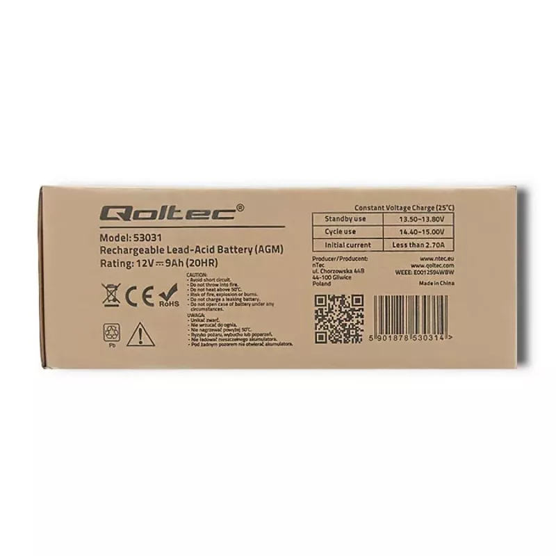 Nepertraukiamo maitinimo šaltinio baterija QOLTEC 53031 12V 9Ah žalia, 152×94×65 mm, 2,35 kg
