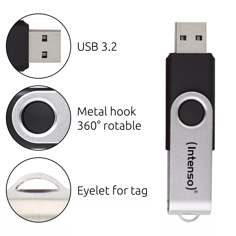 Intenso USB atmintukas Office Line, 64 GB, USB-A, 3.2 Gen 1x1, juodas-sidabrinis, 64 GB, USB Type-A, 3.2 Gen 1 (3.1 Gen 1), sukamas žiedas, juoda, sidabrinė