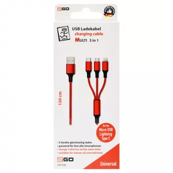 USB laidas 2GO 797150 1,5 m USB B USB C/Micro-USB B/Lightning raudonas