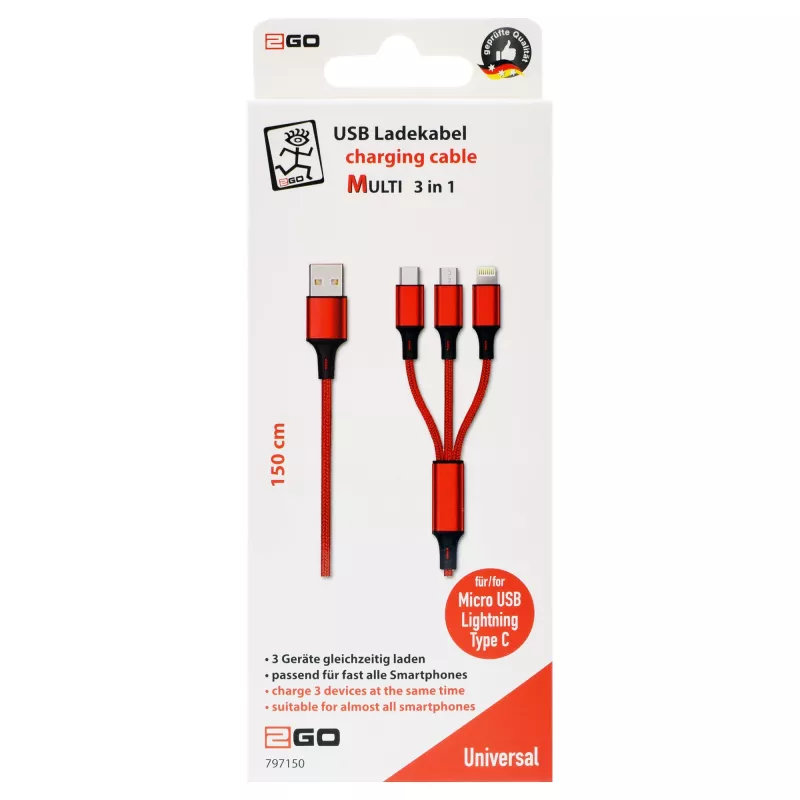 USB laidas 2GO 797150 1,5 m USB B USB C/Micro-USB B/Lightning raudonas