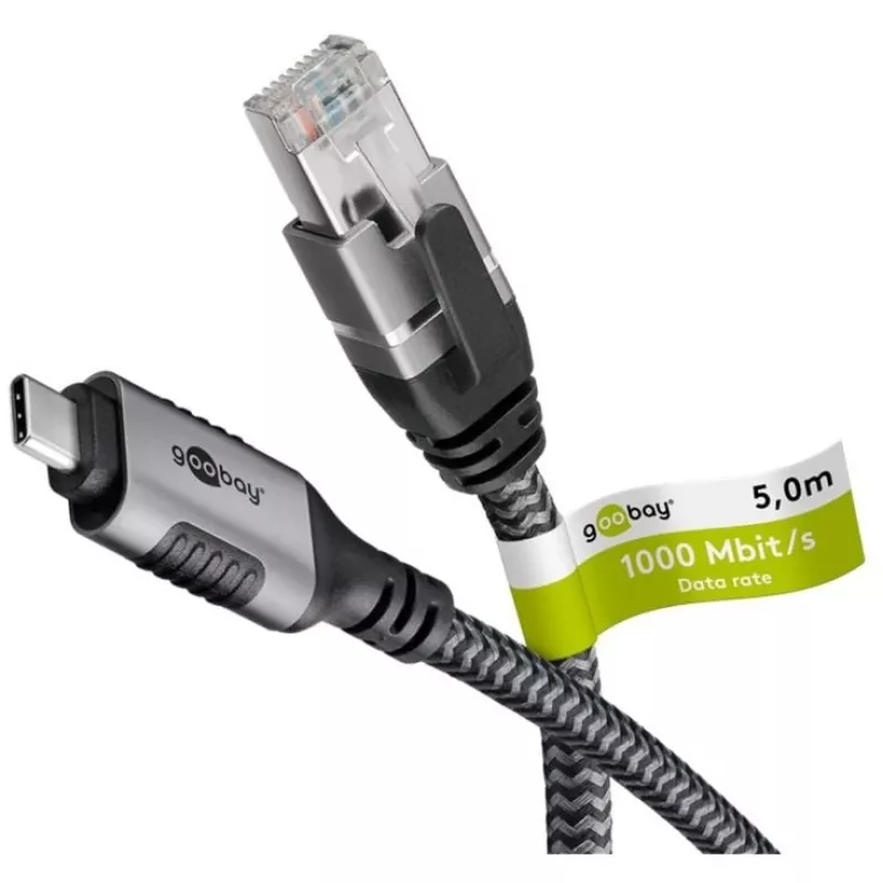 Ethernet kabelis USB-C 3.2 Gen2 kištukas > RJ-45 kištukas (juoda/sidabrinė, 5 metrai, pintas tekstilinis apvalkalas)