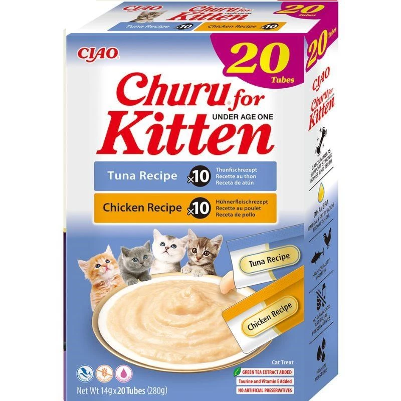 Šlapi kačių skanėstai INABA Kitten Chicken and Tuna 20 x 14 g — užkandis kačiukams