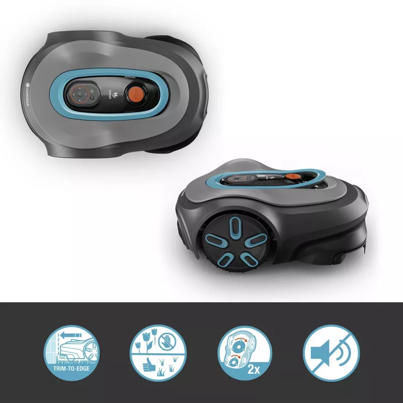 Automatinė vejapjovė GARDENA smart SILENO max — 800 m², 16 cm pjovimo plotis, baterija, LONA navigacija, pilka