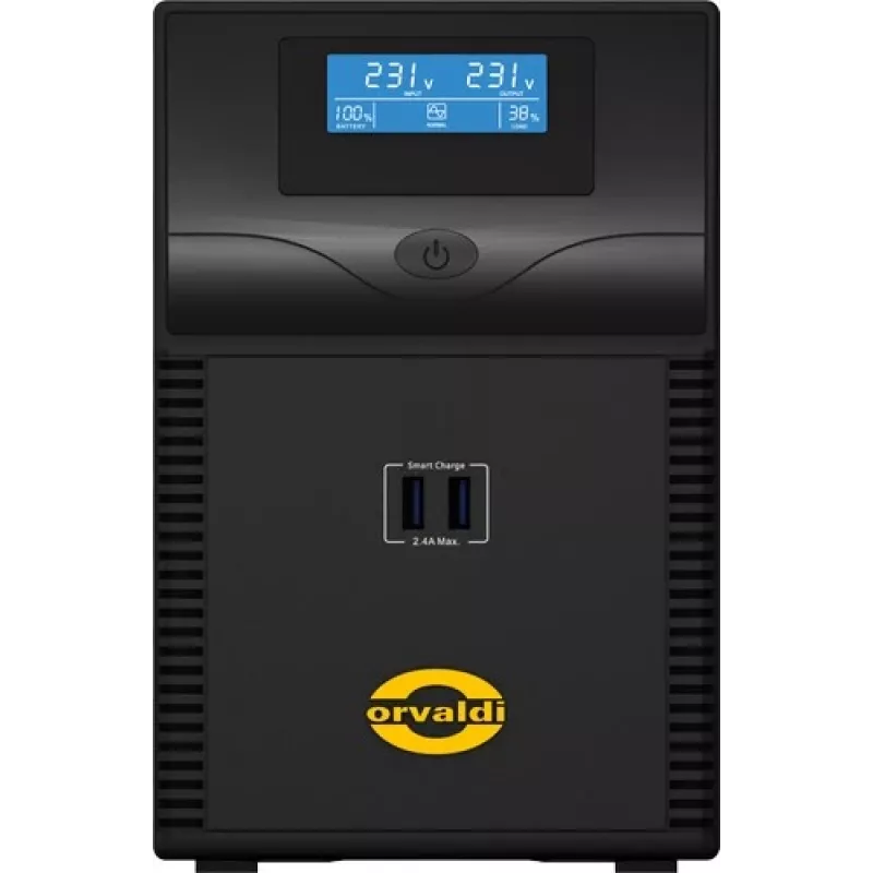 ORVALDI ID2K0CH linijinė interaktyvi UPS 2 kVA / 1200 W, 24 V, 9 Ah akumuliatoriai, LCD, USB, kompaktiška juoda