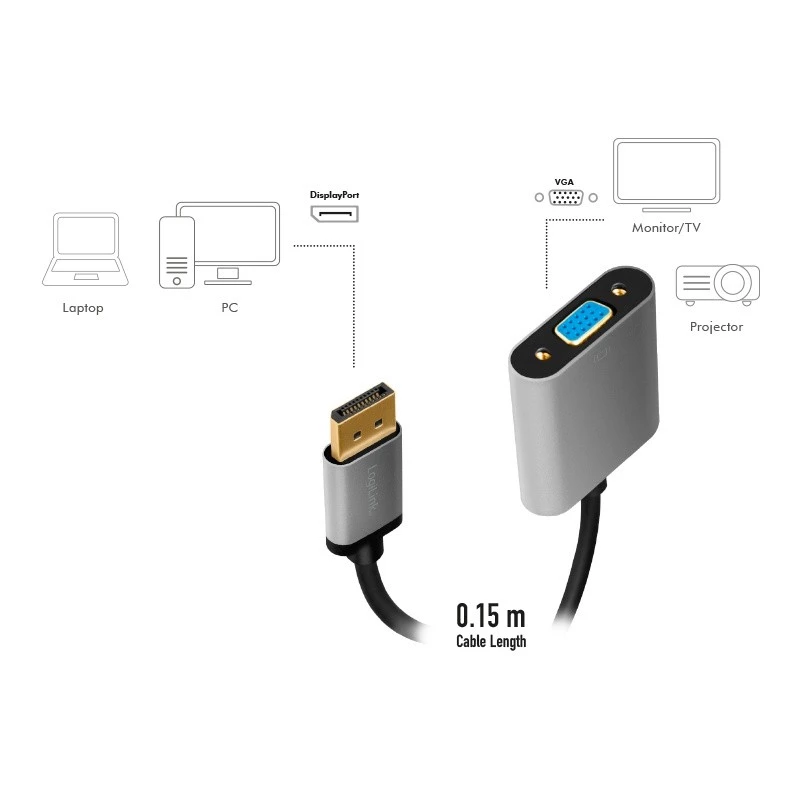 LogiLink CDA0109 jungčių adapteris DisplayPort į VGA 0,15 m, pilka juoda