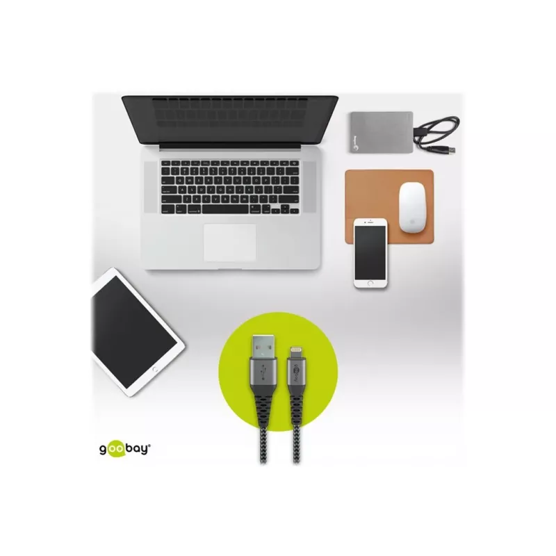 USB-A į Lightning kabelis GOOBAY 2 m, medžiaginis apvalkalas, 3,3 mm skersmuo, tamsiai pilka / sidabrinė