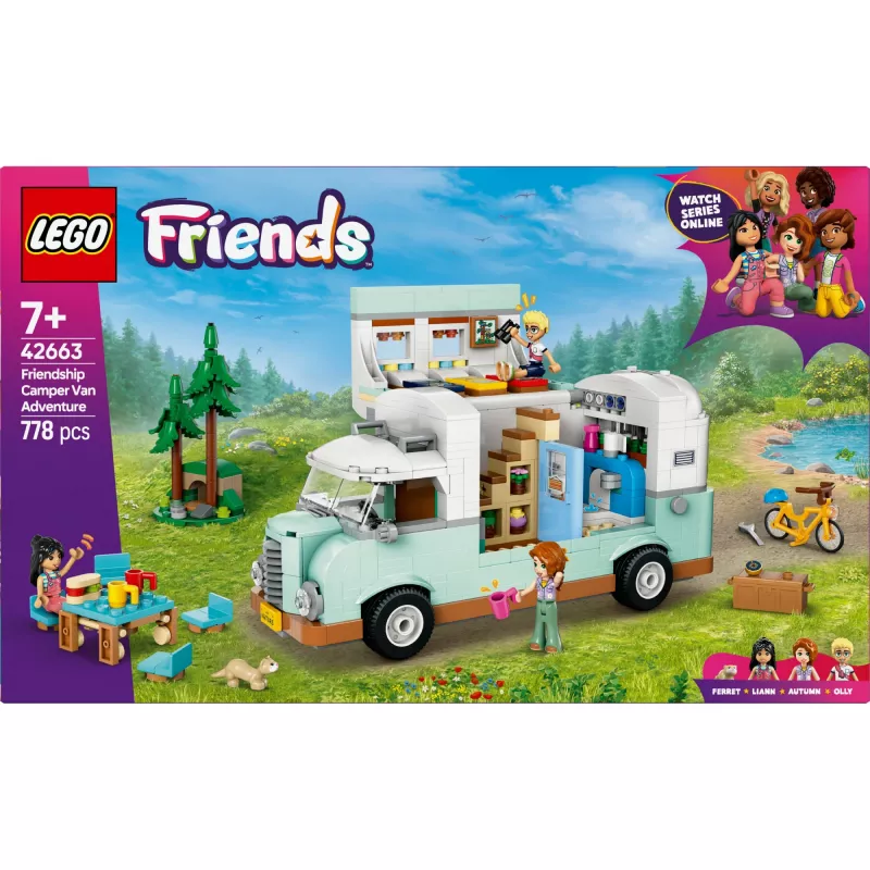 LEGO Motor Home rinkinys 42663 — LEGO Friends kemperis, 778 dalys, 3 mini lėlės, amžius 7+
