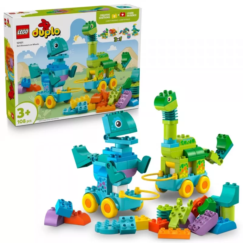 Konstrukcinis žaislas LEGO DUPLO 10451 Dinozaurai ant ratų, „3 viename“ rinkinys, 108 dalys, amžius 3+, aukštis 220 mm