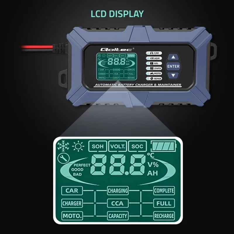 Qoltec išmanusis mikroprocesorinis akumuliatoriaus įkroviklis su akumuliatoriaus testeriu ir 12V atkūrimo funkcija | 6A | LCD | Akumuliatoriaus įkroviklis AGM LiFePO4 GEL akumuliatoriams
