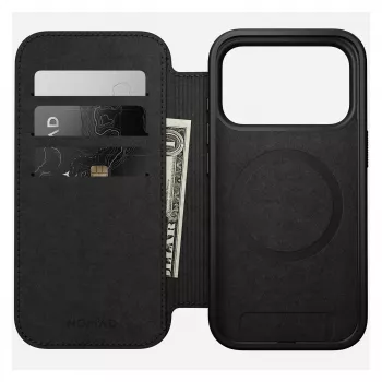 „Folio“ telefono dėklas „Nomad Modern Leather Folio“, skirtas „iPhone 17 Pro“, oda + aliuminis, 6,3 colio (16 cm), rusvai ruda, 3 kortelių kišenės