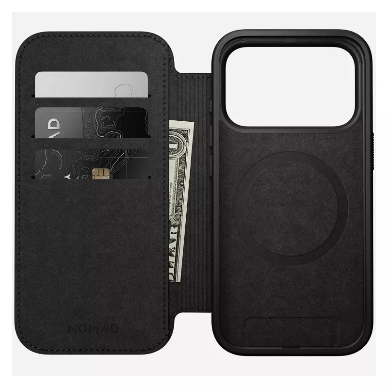 „Folio“ telefono dėklas „Nomad Modern Leather Folio“, skirtas „iPhone 17 Pro“, oda + aliuminis, 6,3 colio (16 cm), rusvai ruda, 3 kortelių kišenės