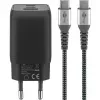 USB-C greitasis įkroviklis Nano, PD, GaN, 65 W, USB-C pintas laidas (juodas, 1x USB-A, 2x USB-C PD, greitasis įkrovimas 3.0, 1 metro laidas)