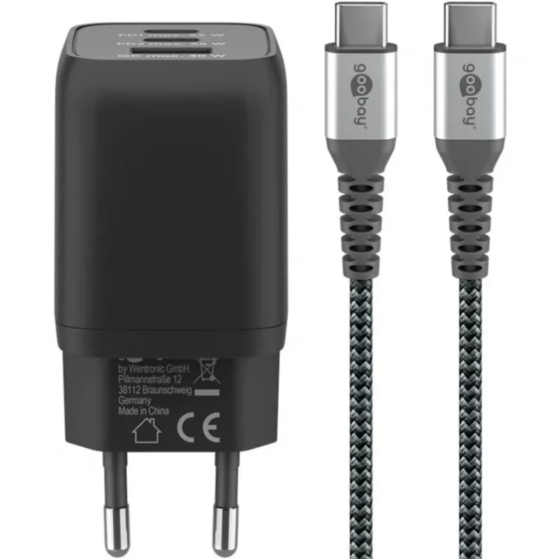 USB-C greitasis įkroviklis Nano, PD, GaN, 65 W, USB-C pintas laidas (juodas, 1x USB-A, 2x USB-C PD, greitasis įkrovimas 3.0, 1 metro laidas)