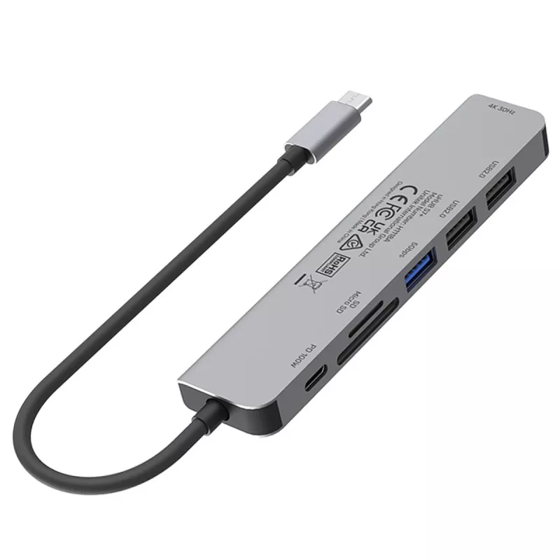 USB-C šakotuvas Unitek 7in1 aliuminis PD 100W 5 Gbps — daugiafunkcis adapteris su Power Delivery