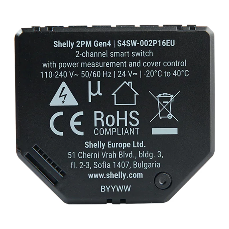 Shelly 2PM Gen4 roletų/žaliuzių pavara 2 kanalai, kintamoji srovė 110–240 V, 2,4 GHz „Wi‑Fi“, 1,4 W, 8000 KB „flash“ atmintis