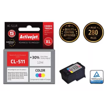 Rašalo kasetė ActiveJet AC-511R suderinama su Canon CL-511, dažų pagrindu pagamintas CMY, didelės (XL) talpos 12 ml, vienkartinė pakuotė