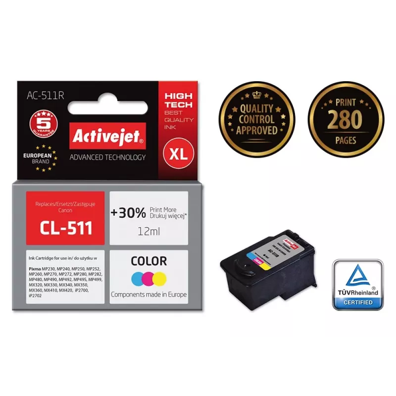 Rašalo kasetė ActiveJet AC-511R suderinama su Canon CL-511, dažų pagrindu pagamintas CMY, didelės (XL) talpos 12 ml, vienkartinė pakuotė