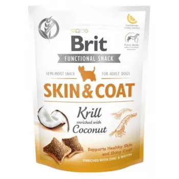 Šunų skanėstai Brit Dog Skin & Coat Krill Coconut 150 g — dietiniai kieti skanėstai suaugusiems šunims, krilių skonio, be glitimo
