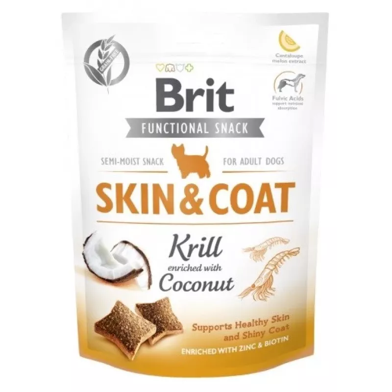 Šunų skanėstai Brit Dog Skin & Coat Krill Coconut 150 g — dietiniai kieti skanėstai suaugusiems šunims, krilių skonio, be glitimo