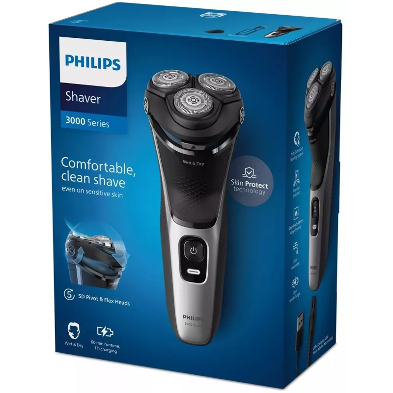 Elektrinis skustuvas Philips 3000 Series S3143/00 — 3 galvutės, rotacinis, šlapiam ir sausam skutimui, ličio jonų baterija, 60 min. veikimo laikas