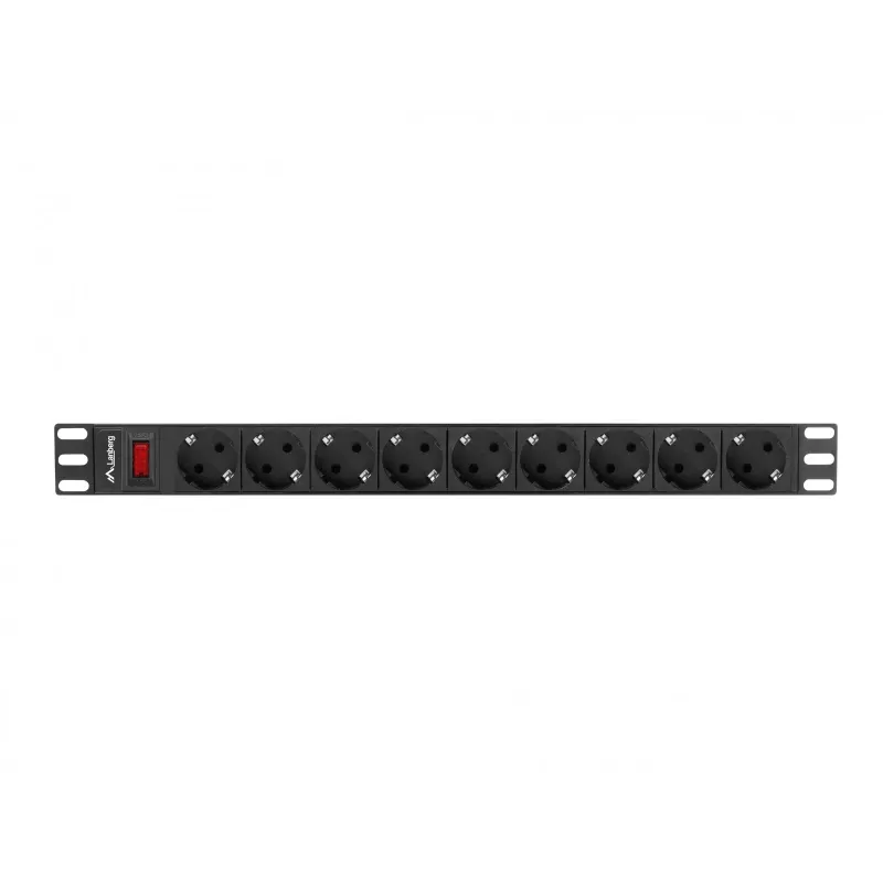 LANBERG PDU-09F-0300-BK maitinimo skirstytuvas — 9x Type F lizdai, 3 m kabelis, aliuminis korpusas, 10 A