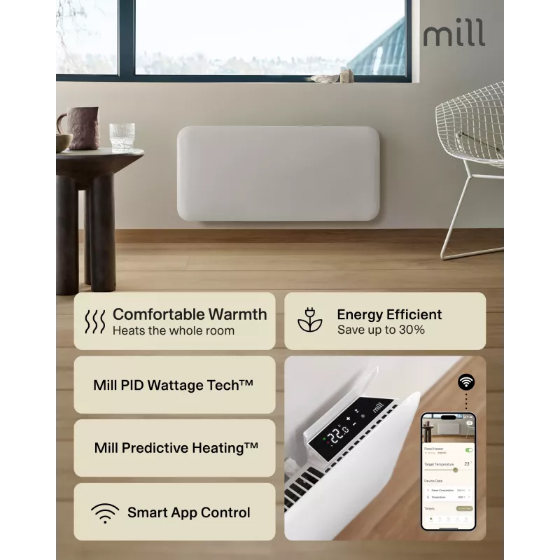 Mill WiFi skydinis šildytuvas | PA1500WIFI4A | Skydinis šildytuvas | 1500 W | Tinka patalpoms iki 22 m² | Balta | IPX4